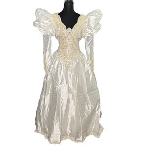 Vintage Demetrios Ivory Beaded Puff Sleeve Wedding Dress Bridal Gown